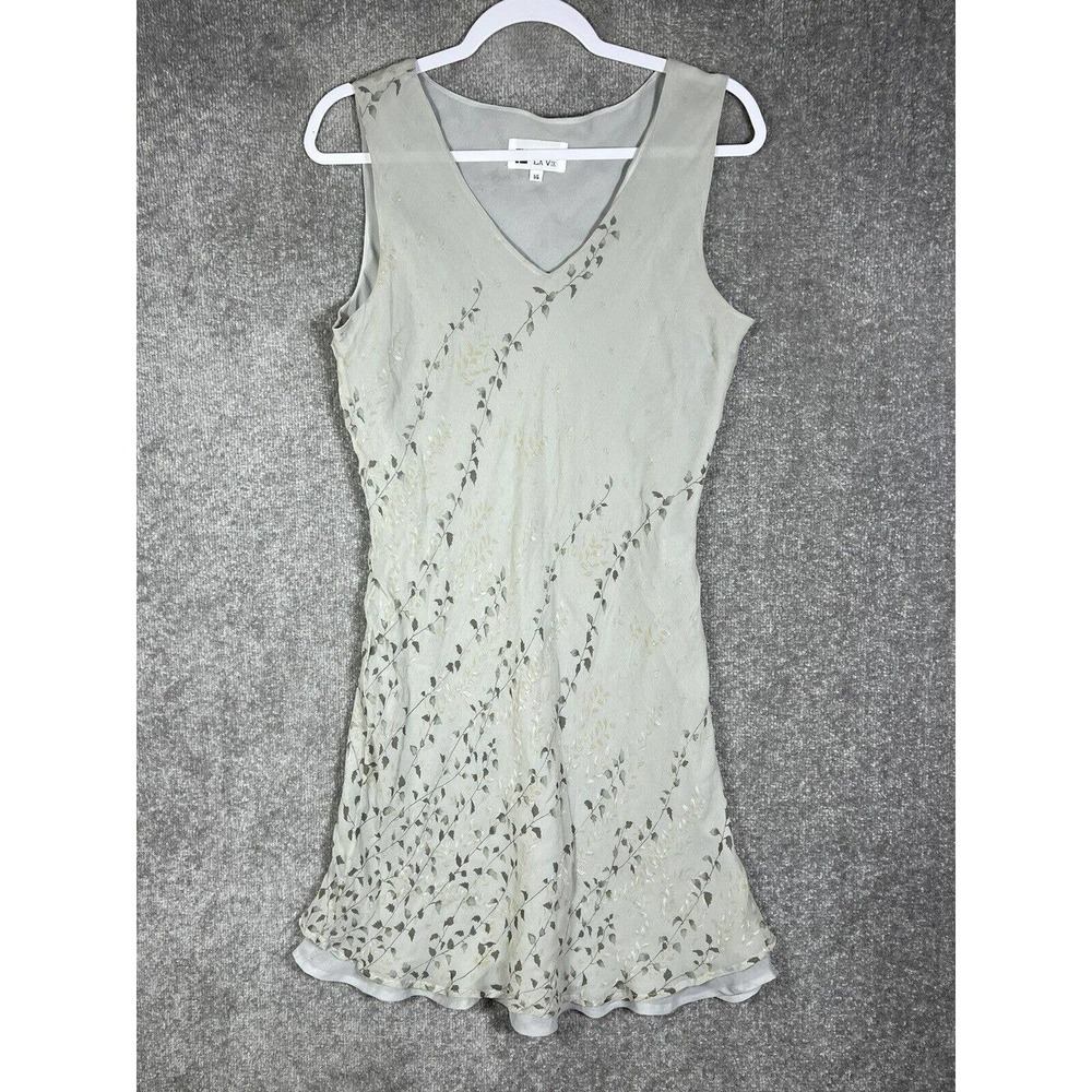 Frances La Vie Silk V-Neck Leaf Vine Sleeveless Dress Womens Size‎ 14 Lined Gray